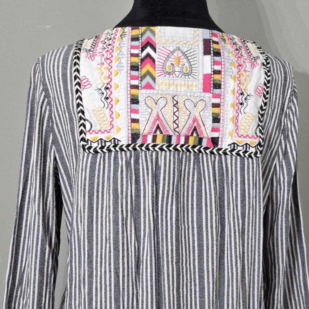 Philosophy Revolve Embroidered Tassel Striped Bohemian Tunic Dress Women's Sz L - Picture 6 of 13